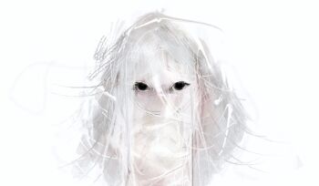 Rule 34 | 1girl, abstract, absurdres, black eyes, empty eyes, highres, long hair, looking at viewer, no mouth, no pupils, original, seyooe, solid eyes, spot color, straight-on, upper body, white background, white theme