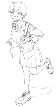 1girl :d blazer blush breasts collared_shirt damu_(damu950) full_body greyscale hair_between_eyes highres jacket large_breasts long_sleeves looking_at_viewer monochrome open_clothes open_jacket open_mouth original pleated_skirt school_uniform shirt shoes skirt smile sneakers socks solo standing standing_on_one_leg