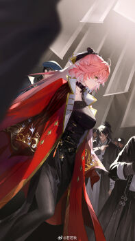 1girl alternate_costume black_bow black_dress black_pantyhose bow breasts changli_(wuthering_waves) chinese_commentary closed_mouth commentary_request dress hair_between_eyes hair_bow highres jacket large_breasts long_hair looking_ahead multicolored_hair pantyhose people pink_hair profile red_jacket ruoruoqiu solo_focus two-tone_hair white_hair wuthering_waves yellow_eyes