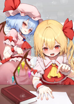 2girls ascot blonde_hair blue_hair blush book commentary cowboy_shot fangs flandre_scarlet hat highres long_hair mikan_(manmarumikan) mob_cap multiple_girls open_mouth pink_hat pink_shirt pink_skirt red_ascot red_eyes red_shirt red_skirt remilia_scarlet shirt short_hair siblings side_ponytail sisters skirt sparkle teaching touhou yellow_ascot