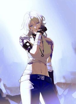 artist_request belt highres jewelry looking_at_viewer midriff navel necklace pants path_to_nowhere source_request tagme tattoo zoya_(path_to_nowhere)