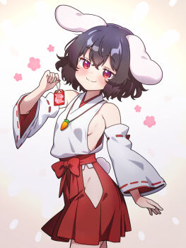 1girl :3 alternate_costume animal_ears blush breasts brown_hair carrot_necklace chikuzen1996 closed_mouth clothing_cutout commentary_request cowboy_shot detached_sleeves floppy_ears groin hakama hakama_skirt highres hip_vent inaba_tewi japanese_clothes jewelry kimono looking_at_viewer medium_hair miko necklace no_bra no_panties omamori pendant rabbit_ears rabbit_girl rabbit_tail red_eyes red_hakama ribbon-trimmed_sleeves ribbon_trim sideboob skirt small_breasts smile solo tail touhou white_kimono