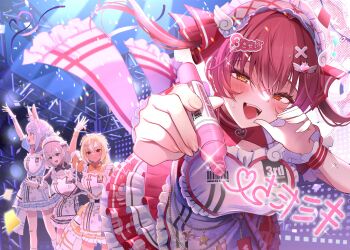 4girls absurdres animal_ear_fluff animal_ears apron black_dress blue_dress blue_hair blush breasts brown_eyes commentary_request confetti cowboy_shot dark-skinned_female dark_elf dark_skin dress elf green_eyes grey_hair group_picture half-heart_hands heterochromia highres hinoki_kahun0 holding hololive houshou_marine idol large_breasts light_rays maid maid_headdress microphone multicolored_hair multiple_girls orange_dress pointy_ears rabbit_ears rabbit_girl red_eyes red_hair shiranui_flare shirogane_noel signature signing solo_focus stage standing twintails two-tone_hair usada_pekora virtual_youtuber white_apron white_hair yellow_eyes