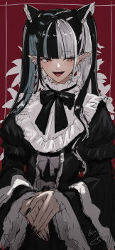 Rule 34 | 1girl, black bow, black hair, black nails, blue hair, blush, bow, earrings, fangs, frilled shirt collar, frills, harusaruhi, highres, isshiki (ffmania7), jewelry, juliet sleeves, kamitsubaki studio, lolita fashion, long sleeves, multicolored hair, open mouth, own hands together, puffy sleeves, red background, red eyes, ribbon, sketch, smile, streaked hair, twintails, upper body, white bow, white hair