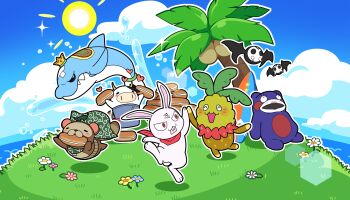 bat_(animal) bebe-tan blue_sky coconut_tree day dolphin dolphin_wave game_cg high_five highres hot_dog island luka_(senran_kagura) mascot ninto_(senran_kagura) no_humans non-web_source ocean official_art palm_tree phenix_phenio senran_kagura senran_kagura_new_link sky stuffed_animal stuffed_toy sun tanuki tree ushiwakamaru_(senran_kagura)