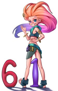 1girl absurdres ass_peek bare_shoulders boots bracelet crop_top dildo full_body green_eyes green_shirt green_skirt grin hand_up heterochromia highres jewelry key league_of_legends loli long_hair looking_at_viewer multicolored_hair open-toe_boots orange_hair pink_eyes pink_hair purple_hair rusher08 sex_toy shirt simple_background skirt smile solo standing teeth white_background zoe_(league_of_legends)