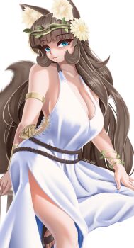 Rule 34 | 1girl, :3, absurdres, animal ear fluff, animal ears, blue eyes, blunt bangs, bracelet, breasts, brown hair, brown sandals, cat ears, cat girl, cat tail, cosplay, dress, fire emblem, fire emblem heroes, flower, fluffy, hair flower, hair ornament, highres, jewelry, large breasts, long hair, lucina (fire emblem), lucina (valentine) (fire emblem), nintendo, original, rope belt, sandals, sleeveless, sleeveless dress, smile, tail, takie, takie arts, white background, white dress