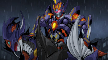 10s 1boy anti_(ssss.gridman) armor giant glowing glowing_eyes gridknight_(ssss.gridman) gridman_universe kaiju male_focus monster pink_eyes rain ryukomudai solo spoilers ssss.gridman tearing_up upper_body visor