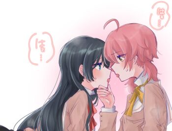 2girls after_kiss ahoge black_hair blue_eyes brown_jacket commentary_request hand_on_another's_chin highres jacket koito_yuu long_hair moatototototo05 multiple_girls nanami_touko neck_ribbon pink_hair red_ribbon ribbon saliva saliva_trail school_uniform shirt translation_request twintails white_shirt yagate_kimi_ni_naru yellow_eyes yellow_ribbon yuri