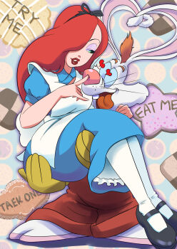 1boy 1girl alice_(alice_in_wonderland) alice_(alice_in_wonderland)_(cosplay) alice&#039;s_adventures_in_wonderland alternate_costume animal_feet apron arm_around_neck back_bow barefoot black_footwear black_ribbon blue_dress blue_sclera body_fur bow breasts brown_hair buck_teeth carrying checkerboard_cookie colored_sclera cookie cosplay crossover disney dress english_text eye_contact eyeshadow food full_body furry furry_male furry_with_non-furry gloves green_eyes hair_over_one_eye hair_ribbon half-closed_eyes hand_up happy heart heart-shaped_pupils hetero highres interspecies jessica_rabbit legs_together lips lipstick long_hair looking_at_another makeup medium_breasts oira_wa_arumajiro one_eye_covered open_mouth overalls pantyhose parted_lips poking poking_nose princess_carry puffy_short_sleeves puffy_sleeves purple_eyeshadow rabbit_boy rabbit_ears red_hair red_lips red_overalls ribbon roger_rabbit shoes short_hair short_sleeves smile standing symbol-shaped_pupils teeth tongue tongue_out typo whiskers white_apron white_bow white_fur white_pantyhose who_framed_roger_rabbit yellow_gloves