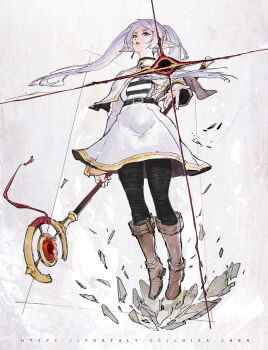 1girl black_hole capelet earrings elf floating_earrings frieren highres holding holding_staff jewelry loiza mage_staff pointy_ears sousou_no_frieren staff teardrop_earrings twintails white_capelet