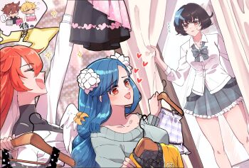 3girls bag belt black_hair black_jumpsuit blue_hair blue_streaks braid braided_ponytail breasts broken_halo carrying commentary_request dizzy_(guilty_gear) family father_and_daughter fitting_room flower guilty_gear guilty_gear_strive hair_between_eyes hair_flower hair_ornament halo heart highres holding_another's_arm husband_and_wife jack-o'_valentine jacket jumpsuit kanea_(nikoinoillust) ky_kiske large_breasts long_hair miniskirt mother_and_daughter multicolored_hair multiple_girls open_mouth orange_jacket pleated_skirt queen_dizzy red_hair shopping shopping_bag short_hair sidelocks skirt smile sol_badguy sparkle spiked_halo spoken_heart star_(symbol) streaked_hair sweater swept_bangs tail two-tone_hair unika_(guilty_gear) white_hair