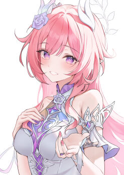 1girl absurdres bare_shoulders breasts commentary_request cyrene_(demiurge)_(honkai:_star_rail) cyrene_(honkai:_star_rail) diamond-shaped_pupils diamond_(shape) dress fingernails flower grin hair_flower hair_ornament hand_on_own_chest highres honkai:_star_rail honkai_(series) jewelry large_breasts long_fingernails long_hair looking_at_viewer nail_polish nurie6351 offering_hand pink_hair pink_nails pointy_ears purple_eyes ring simple_background smile solo symbol-shaped_pupils upper_body white_background white_dress