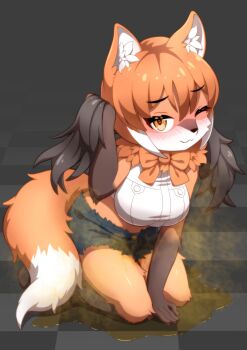 1girl ;3 animal_ear_fluff animal_ears arm_support blush bow bowtie breasts brown_hair buttons closed_mouth cropped_shirt ev_(kemomimizuku) female_pervert full_body furrification furry furry_female hair_between_eyes hair_lift hand_in_own_hair hand_up heart heart-shaped_pupils highres holding holding_own_hair kemono_friends leaning_forward long_hair looking_at_viewer maned_wolf_(kemono_friends) multicolored_fur multicolored_hair on_floor one_eye_closed orange_bow orange_bowtie orange_eyes orange_fur orange_hair pee pee_stain peeing peeing_on_floor peeing_self pervert puddle shirt short_shorts shorts sitting solo steam symbol-shaped_pupils tail twintails two-tone_fur white_fur white_hair wolf_ears wolf_girl wolf_tail