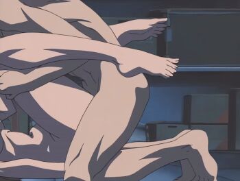 00s 1boy 1girl 2001 animated animated_gif bible_black bible_black_night_of_the_walpulgiss blonde_hair blush bouncing_breasts breasts drill_hair drill_sidelocks green_eyes gym_mattress large_breasts legs_apart legs_up lying minase_taki missionary nipples nude school sex shiraki_rika sidelocks storage_room tagme thighs