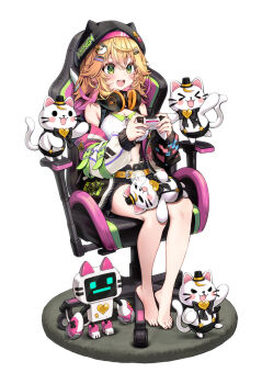 &gt;_&lt; 1girl :3 :d arm_belt bare_shoulders barefoot belt belt_buckle black_hat black_shorts blonde_hair blush blush_stickers buckle cat_hair_ornament chair commentary_request controller dot_nose drooling game_controller gaming_chair green_belt green_eyes hair_ornament hairclip hat hat_ornament headphones headphones_around_neck highres holding holding_controller holding_game_controller indie_virtual_youtuber jacket jacket_partially_removed kirari_momonga kubota_masaki long_sleeves looking_ahead midriff mini_hat mini_top_hat multicolored_jacket navel o_o on_chair open_mouth parallel_hairclips robot shorts simple_background sitting sleeping smile solid_circle_eyes suspender_shorts suspenders swivel_chair top_hat virtual_youtuber white_background yellow_belt