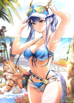 Rule 34 | 1boy, 3girls, adjusting clothes, adjusting headwear, amiya (arknights), amiya (swimsuit) (arknights), animal ears, arknights, bare shoulders, beach, bikini, blue bikini, blue hair, blurry, blurry background, blush, breasts, ceobe (arknights), ceobe (summer flowers) (arknights), ch'en (arknights), ch'en the holungday (arknights), ch'en the holungday (elite ii) (arknights), chair, closed mouth, collarbone, commentary request, cowboy shot, crab, day, dog ears, dog girl, dragon girl, dragon horns, dragon tail, eyewear on headwear, female tourist a (arknights), front-tie bikini top, front-tie top, full body, grey shorts, hair between eyes, highres, horns, horns through headwear, jaye (arknights), jaye (beach guard) (arknights), lifeguard, lifeguard chair, long hair, micro shorts, multiple girls, official alternate costume, open clothes, open mouth, open shorts, orange hair, outdoors, palm tree, red eyes, red shirt, rhodes island logo (arknights), shirt, shorts, smile, stomach, swimsuit, tail, thighs, tree, visor cap, yokaze (yokajie)