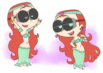 1girl arms_up barefoot bikini bracelet breasts cartoon_network cleavage closed_eyes dancer detached_sleeves earrings evil_con_carne gem goggles green_bikini green_eyes green_skirt hand_on_own_hip harem_outfit headband jewelry long_hair looking_to_the_side major_dr_ghastly medium_breasts multiple_views navel navel_piercing open_mouth piercing pink_gemstone red_hair red_lips ring see-through_clothes see-through_skirt short_sleeves skirt smile standing swimsuit teeth white_background yamanokonza