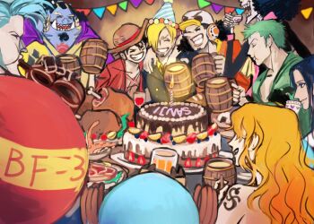 2girls 6+boys ^_^ arm_tattoo birthday_cake brook_(one_piece) cake candle closed_eyes commentary cup english_commentary facial_hair food franky_(one_piece) goatee green_hair hair_over_one_eye hat headphones highres holding holding_cup insect_candy jinbe_(one_piece) long_hair monkey_d._luffy multiple_boys multiple_girls nami_(one_piece) nico_robin one_piece roronoa_zoro sanji_(one_piece) sharp_teeth short_hair skeleton smile straw_hat straw_hat_pirates tattoo teeth tony_tony_chopper usopp