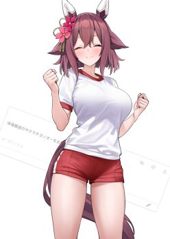 Rule 34 | 1girl, ^ ^, animal ears, blush, breasts, brown hair, clenched hands, closed eyes, closed mouth, flower, gym uniform, hair flower, hair ornament, herohero (higashi no dou), highres, horse ears, horse girl, horse tail, large breasts, red flower, red shorts, sakura chiyono o (umamusume), short hair, shorts, smile, solo, standing, tail, translation request, umamusume, white background