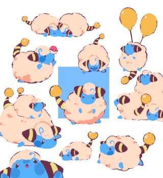 balancing balloon blue_skin cheek-to-cheek closed_eyes colored_skin floating gen_2_pokemon heads_together lying mareep nintendo on_stomach open_mouth poke_ball poke_ball_(basic) pokemon pokemon_(creature) pokemon_focus purano7 standing_on_another&#039;s_back