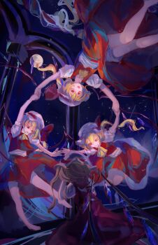 4girls ascot back_cutout bare_legs barefoot blonde_hair bloomers bow clone closed_mouth clothing_cutout column commentary_request crystal crystal_wings flandre_scarlet floating four_of_a_kind_(touhou) full_moon hat highres holding_hands looking_at_another mashi_(pixiv_zcjd2538) mob_cap moon multiple_girls night open_mouth pillar puffy_short_sleeves puffy_sleeves red_bow red_eyes red_nails red_skirt red_vest shirt short_sleeves skirt skirt_set sky star_(sky) touhou underwear upside-down vest white_hat white_shirt wings yellow_ascot