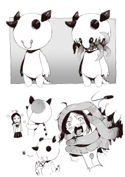 1girl absurdres balloon black_sclera blush colored_sclera highres horns karasu_raven monochrome monster open_mouth original scared screaming sequential skirt tears tentacles vore wavy_mouth