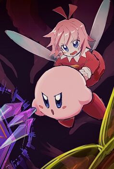 1boy 1girl angry blue_eyes blush_stickers dress fairy fairy_wings hair_ribbon incoming_attack kirby kirby_(series) kirby_64 nintendo open_mouth pink_hair ribbon ribbon_(kirby) smile teamwork wing wings zattamaki