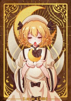 1girl back_bow black_bow black_bowtie blonde_hair border bow bowtie character_name closed_eyes commentary crescent dress drill_hair facing_viewer fairy fairy_wings frilled_sleeves frills hat inset_border long_hair long_sleeves luna_child open_mouth ornate_border outside_border so3 solo touhou white_dress wide_sleeves wings