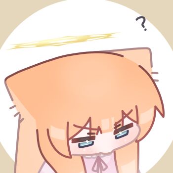 1girl ? animal_ears blue_archive blunt_bangs blush brown_background chibi halo highres horuhara long_hair looking_down mari_(blue_archive) neck_ribbon no_nose orange_hair pajamas pink_pajamas polka_dot polka_dot_pajamas ribbon simple_background solo v-shaped_eyebrows white_background yellow_halo