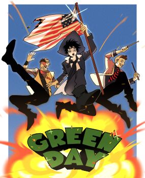 &gt;_&lt; 3boys absurdres american_flag american_idiot bandaged_wrist bandages baoul101552 billie_joe_armstrong black_bandages black_boots black_hair black_necktie black_pants black_shoes blazer blue_eyes blue_sky boots border brown_hair burning clenched_teeth commentary drumsticks english_commentary evil_grin evil_smile explosion eyepatch flag full_body green_day green_eyes grey_jacket grey_pants grey_shirt grin group_name highres holding holding_drumsticks holding_flag jacket jumping kicking leg_up long_sleeves looking_at_viewer male_focus midair mike_dirnt motion_blur multiple_boys necktie open_clothes open_collar open_jacket open_mouth outside_border pale_skin pants real_life red_necktie scarf shirt shoes short_hair sideburns sky sleeve_cuffs smile sparks striped_necktie tareme teeth tre_cool two-tone_necktie very_short_hair vest white_border white_shirt white_vest