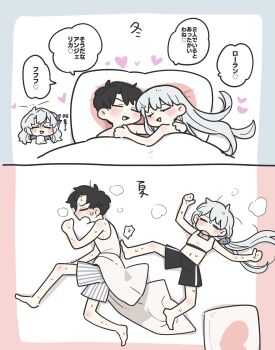 1boy 1girl angelica_(project_moon) argalia_(project_moon) bed bed_sheet blush check_translation closed_eyes commentary couple heart hetero highres husband_and_wife kojocho05 library_of_ruina long_hair low_ponytail open_mouth pillow ponytail project_moon roland_(project_moon) shorts sidelocks smile speech_bubble striped_clothes striped_shorts sweat translation_request very_long_hair white_hair