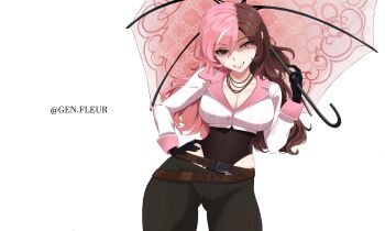 1girl absurdres belt black_gloves breasts brown_eyes brown_hair cleavage gen.fleur gloves gluteal_fold hand_on_own_hip heterochromia highres lipstick makeup multicolored_hair multiple_belts neopolitan_(rwby) pants pink_eyes pink_hair rwby shaded_face umbrella