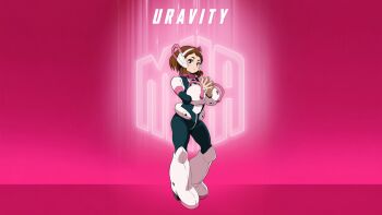 1girl absurdres bed_sheet black_bodysuit blush_stickers bodysuit boku_no_hero_academia boots breasts brown_eyes brown_hair closed_mouth english_text female_focus full_body headpiece highres large_breasts long_sleeves looking_at_viewer medium_hair multicolored_bodysuit pants pink_background pink_bodysuit pink_boots sexually_suggestive skin_tight solo solo_focus superhero_costume tight_clothes tight_pants two-tone_bodysuit uraraka_ochako uraraka_ochako_(hero_outfit)