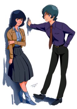 1boy 1girl belt black_hair blue_eyes blue_hair breasts fa_yuiry gundam highres jacket kamille_bidan long_sleeves looking_at_viewer necktie open_clothes open_jacket pants pgmajimaji shirt shoes short_hair simple_background skirt smile socks white_background zeta_gundam