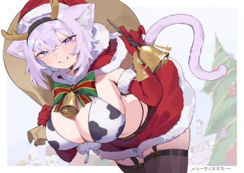 1girl animal_ear_fluff animal_ears animal_print antlers bikini black_garter_straps black_panties black_thighhighs breasts capelet cleavage closed_mouth commentary_request cow_print cow_print_bikini elbow_gloves fake_animal_ears fur-trimmed_capelet fur-trimmed_gloves fur-trimmed_jacket fur_trim garter_straps gloves hat highres hololive horns jacket jknor large_breasts looking_at_viewer medium_hair nekomata_okayu onigirya_(nekomata_okayu) panties print_bikini purple_eyes purple_hair red_capelet red_gloves reindeer_antlers santa_costume santa_hat smile solo strapless swimsuit thighhighs underwear virtual_youtuber white_bikini