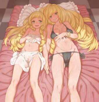 2girls bikini black_bikini blonde_hair braid breasts cleft_of_venus commission green_eyes highres holding_hands lillie_(pokemon) long_hair looking_at_viewer lusamine_(pokemon) lying medium_breasts mother_and_daughter multiple_girls navel nintendo on_back open_mouth parted_lips pillow pixiv_commission pokemon pokemon_(anime) pokemon_sm049 pokemon_sm_(anime) side-tie_bikini_bottom small_breasts smile sweat swimsuit tenako_(mugu77) twin_braids