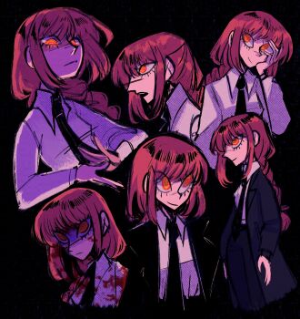 1girl black_background black_coat black_necktie black_pants blood blood_on_clothes blood_on_face chainsaw_man closed_mouth coat collared_shirt hand_on_own_cheek hand_on_own_face highres long_sleeves makima_(chainsaw_man) multiple_views necktie nuwi_(furinuwi) open_mouth pants purple_shirt red_eyes shirt smile