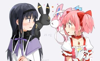 Rule 34 | 2girls, akemi homura, akemi homura (magical girl), black hair, blush, bow, dated, female focus, gen 2 pokemon, gen 6 pokemon, hair bow, heart, kaname madoka, kaname madoka (magical girl), kiss, long hair, magical girl, mahou shoujo madoka magica, multiple girls, nintendo, open mouth, pink eyes, pink hair, poke ball, pokemon, pokemon (creature), purple eyes, short twintails, sidelocks, silverxp, simple background, sweatdrop, sylveon, twintails, umbreon, upper body, white background