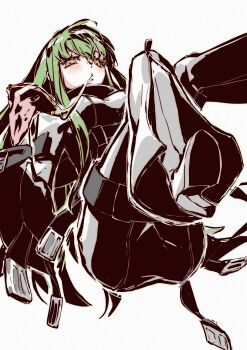 absurdres belt boots c.c. code_geass commentary_request eating food green_hair hashtag-only_commentary high_heels highres holding holding_food holding_pizza knee_boots kobayashiyouyouko long_hair looking_at_viewer pizza simple_background thigh_belt thigh_strap white_background yellow_eyes