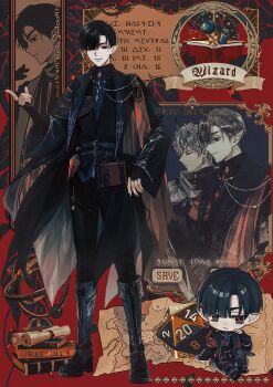 2boys absurdres alien_stage alternate_costume black_boots black_coat black_gloves black_hair black_nails black_pants blue_shirt book boots chinese_commentary coat commentary_request dice fang full_body gloves highres ivan_(alien_stage) jingjue_de_yumiao long_sleeves male_focus multiple_boys pants pointy_ears polyhedral_dice scroll shirt solo_focus stats till_(alien_stage)