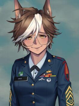 1girl absurdres animal_ears blue_jacket breasts brown_hair collared_shirt glasses grey_background highres horse_ears jacket looking_at_viewer medium_breasts mike_vining military_uniform multicolored_hair name_tag puto_trash shirt smile solo tomoe_umari umamusume white_hair white_shirt