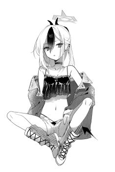 1girl bare_shoulders blue_archive boots breasts camisole choker collarbone crop_top cross-laced_shoes ear_piercing earclip full_body greyscale hair_between_eyes halo highres horns jacket kayoko_(blue_archive) kisaka long_hair long_sleeves looking_at_viewer midriff monochrome multicolored_hair navel off_shoulder open_clothes open_fly open_jacket panties parted_lips piercing shoes short_shorts shorts simple_background single_wing sitting small_breasts solo two-tone_hair underwear white_background wings