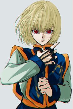 1boy absurdres artist_name blonde_hair blue_tabard hand_chains highres hunter_x_hunter kurapika looking_at_viewer male_focus parted_lips promise_ssss red_eyes short_hair simple_background solo tabard teeth upper_body white_background