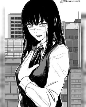 1girl alternate_breast_size_(larger) breasts building chainsaw_man commentary cross_scar dress facial_scar fourth_east_high_school_uniform greyscale hand_on_own_chest highres instagram_username large_breasts monochrome open_mouth pillarboxed pinafore_dress pink_hair ringed_eyes scar scar_on_cheek scar_on_face scar_on_nose school_uniform seveninks sleeveless sleeveless_dress smile solo yoru_(chainsaw_man)