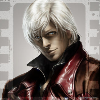 1boy blue_eyes coat commentary_request dante_(devil_may_cry) devil_may_cry_(series) devil_may_cry_1 light_smile looking_at_viewer male_focus red_coat solo upper_body white_hair wolfina