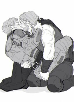 2boys arm_around_neck beard cape closed_eyes commentary couple english_commentary facial_hair greyscale guardians_of_the_galaxy guardians_of_the_galaxy_vol._3 highres jumpsuit kiss kneeling leg_lock limach-an long_hair male_focus marvel mature_male monochrome multiple_boys muscular muscular_male peter_quill profile short_hair star-lord superhero_costume thor_(marvel) thor_(marvel)_(series) white_background yaoi