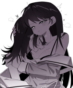 2girls bang_dream! bang_dream!_it's_mygo!!!!! bite_mark bite_mark_on_breast bite_mark_on_neck blush bra breath commentary greyscale hanasakigawa_school_uniform hand_in_another's_hair hand_on_another's_shoulder highres long_hair mole mole_under_eye monochrome multiple_girls off_shoulder open_mouth parted_lips school_uniform shiina_taki symbol-only_commentary underwear yahata_umiri yuri zikiki1092