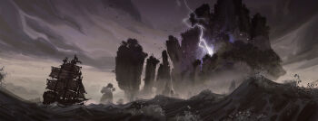 absurdres cloud cloudy_sky commentary english_commentary flock grey_theme highres island landscape lightning lorenzo_lanfranconi mountain no_humans ocean original painterly sailing_ship scenery sky storm tree water waves