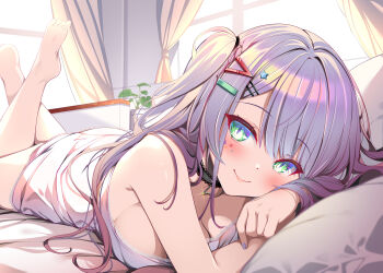 1girl absurdres bare_arms bed bed_sheet blush breast_press breasts cleavage commentary_request curtains feet_up green_eyes hair_ornament hairclip highres indie_virtual_youtuber indoors long_hair looking_at_viewer lying medium_breasts naked_shirt origami_aya pillow sata_nakia shirt smile solo toes virtual_youtuber white_shirt window